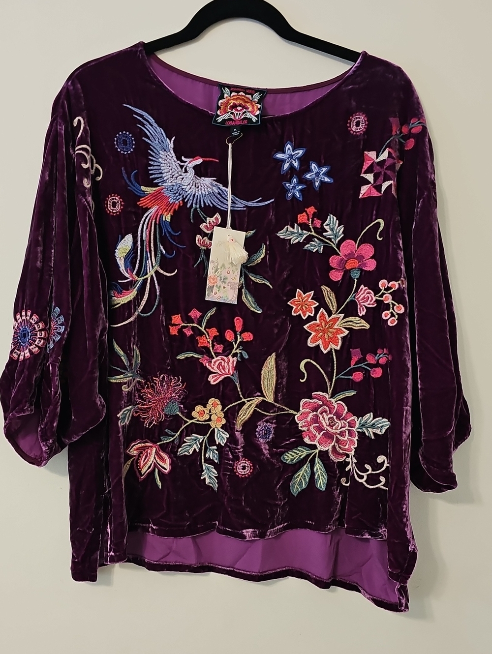Johnny Was Purple Velvet Embroidered Floral & Crane Tunic